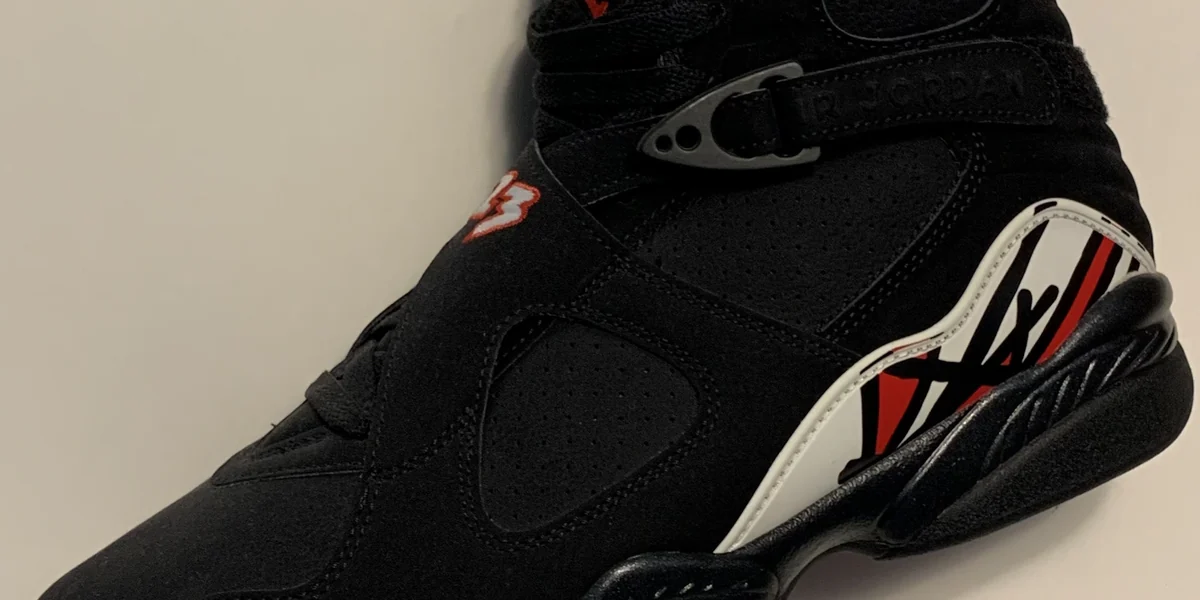 Nike Air Jordan 8 sneaker in the black, white and red Playoffs colourway