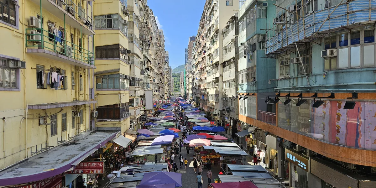 Fa Yuen Street market stalls lining the road in Mong Kok, Hong Kong